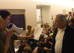 Kerr Hall occupiers read their list of demands to UC Santa Cruz Executive Vice Chancellor David Kliger